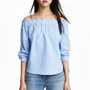 H&M Light Blue off Shoulder Checked Blouse